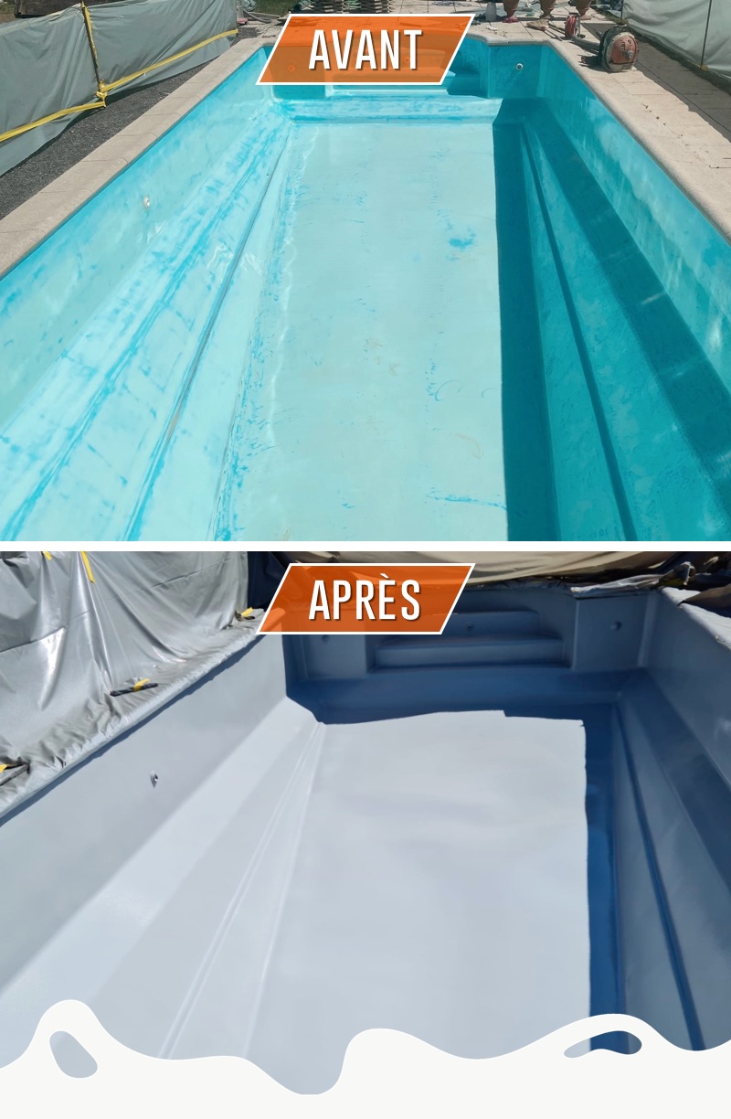 rénovation d'une piscine de 50 ans d'age par projection de polyurée bi-composants